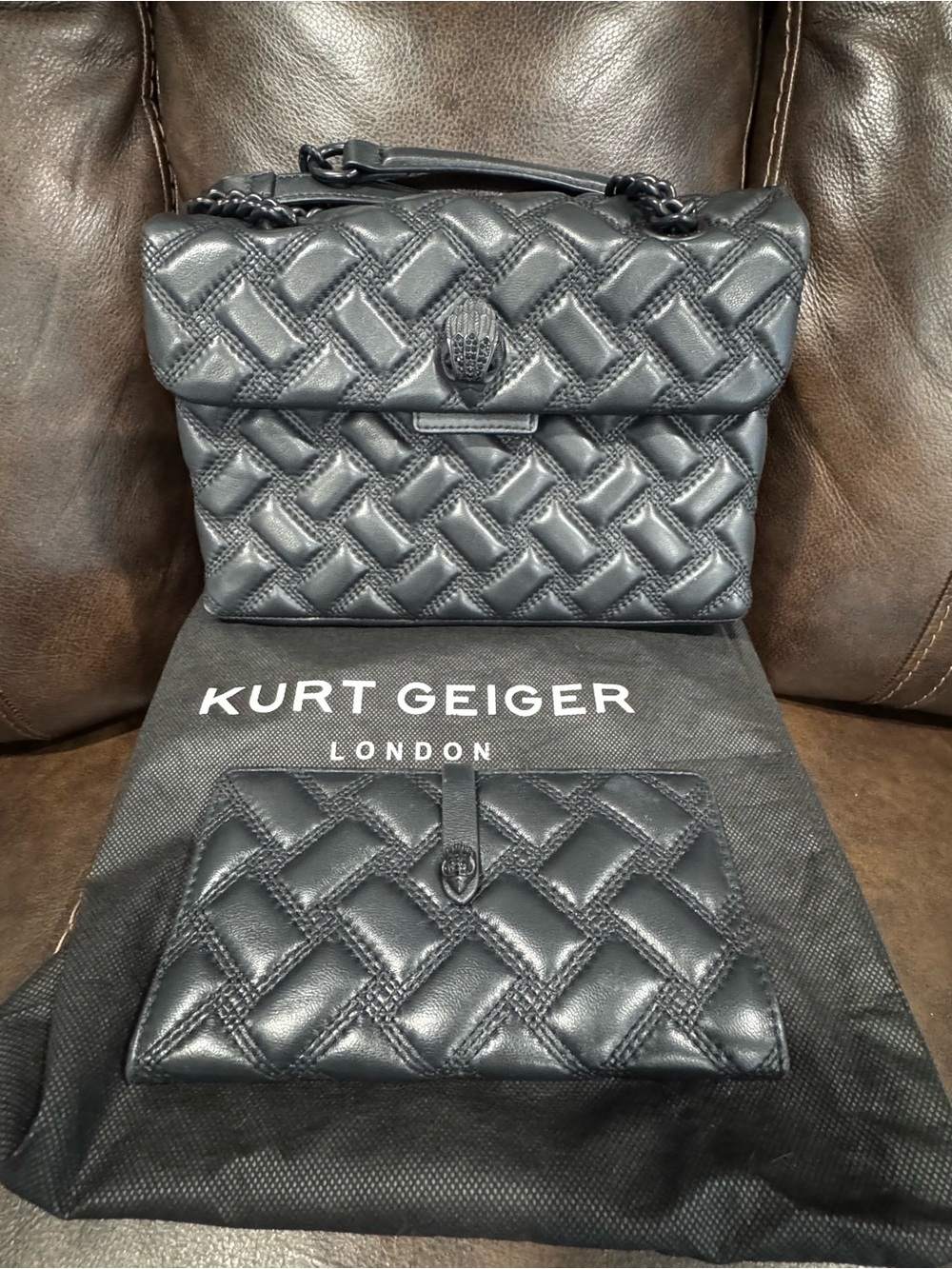 Kurt Geiger Black Quilted Leather Shoulder Bag with Matching Wallet